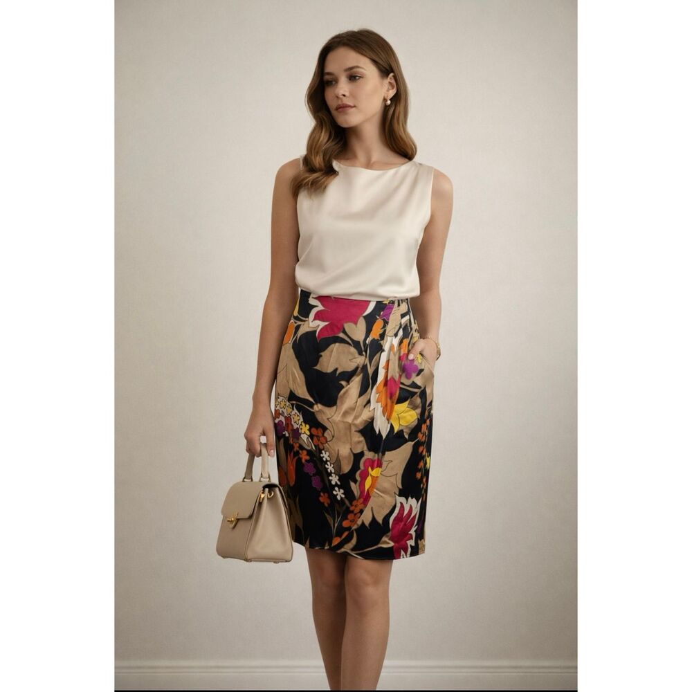 Escada Silk Floral Tulip Skirt Black Pink Orange Draped EU 34